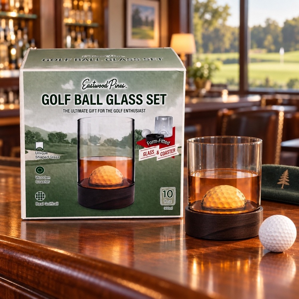 Eastwood Pines Golf Ball Glass Set 10oz Real Golf Ball Wooden Coaster 110-80